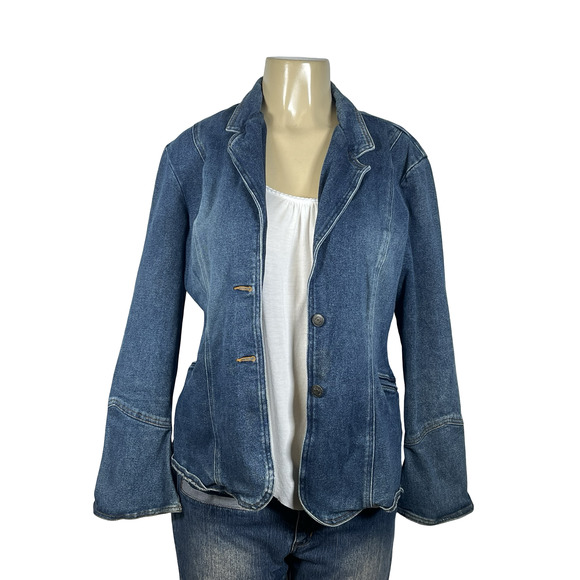 Newport News Jeanology Blazer Womens 6 Blue Denim Notch Lapel Back Vent Stretch - Picture 1 of 14